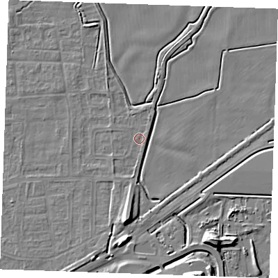 Shaded relief map of the ground around RM188BE, computed from Environment Agency LiDAR. The ground here sits at about 1 m above sea level and falls 10 m across the surrounding 800 m. Surface water reaching this point runs off ground lying to the south, 9.1 m higher.