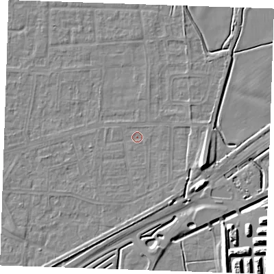 Shaded relief map of the ground around RM188BH, computed from Environment Agency LiDAR. The ground here sits at about 1 m above sea level and falls 12 m across the surrounding 800 m. Surface water reaching this point runs off ground lying to the east-south-east, 9.1 m higher.