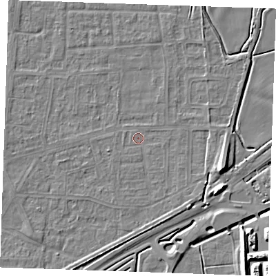 Shaded relief map of the ground around RM188BJ, computed from Environment Agency LiDAR. The ground here sits at about 1 m above sea level and falls 10 m across the surrounding 800 m. Surface water reaching this point runs off ground lying to the east-south-east, 9.1 m higher.