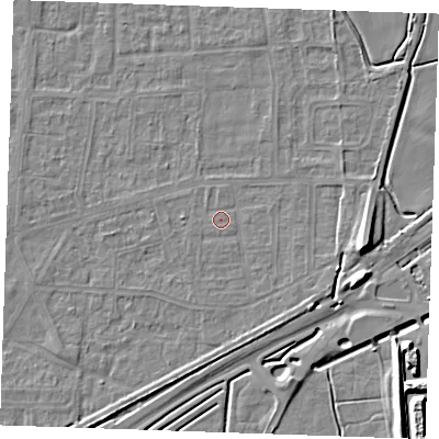 Shaded relief map of the ground around RM188BL, computed from Environment Agency LiDAR. The ground here sits at about 1 m above sea level and falls 10 m across the surrounding 800 m. The ground contributing surface water to this point lies to the south.