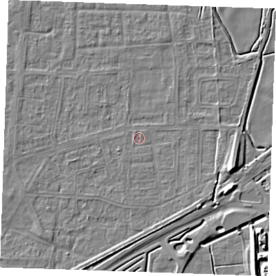 Shaded relief map of the ground around RM188BP, computed from Environment Agency LiDAR. The ground here sits at about 1 m above sea level and falls 9 m across the surrounding 800 m. Surface water reaching this point runs off ground lying to the south-west, 0.6 m higher.