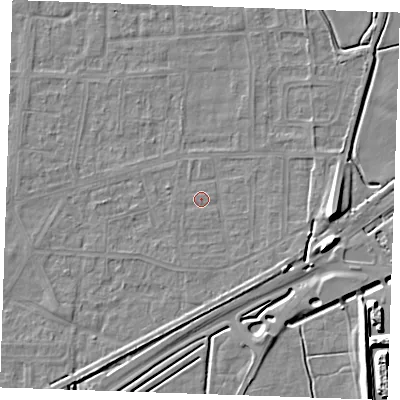Shaded relief map of the ground around RM188BS, computed from Environment Agency LiDAR. The ground here sits at about 1 m above sea level and falls 10 m across the surrounding 800 m. Surface water reaching this point runs off ground lying to the east-south-east, 0.9 m higher.