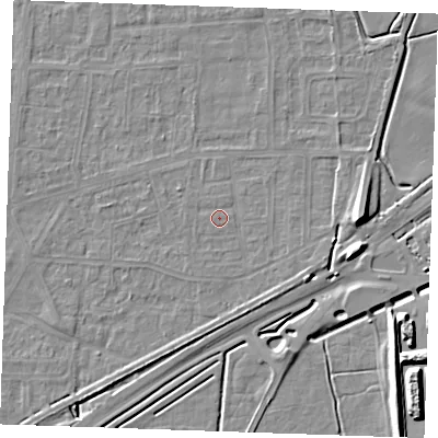 Shaded relief map of the ground around RM188BT, computed from Environment Agency LiDAR. The ground here sits at about 1 m above sea level and falls 10 m across the surrounding 800 m. Surface water reaching this point runs off ground lying to the east-south-east, 0.9 m higher.