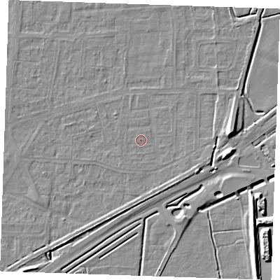 Shaded relief map of the ground around RM188BU, computed from Environment Agency LiDAR. The ground here sits at about 1 m above sea level and falls 10 m across the surrounding 800 m. Surface water reaching this point runs off ground lying to the south-south-west, 0.6 m higher.