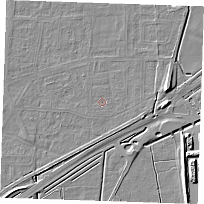 Shaded relief map of the ground around RM188BX, computed from Environment Agency LiDAR. The ground here sits at about 1 m above sea level and falls 10 m across the surrounding 800 m. Surface water reaching this point runs off ground lying to the south-south-west, 0.6 m higher.