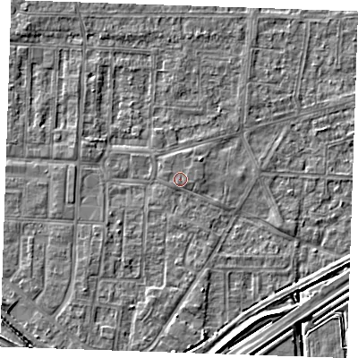 Shaded relief map of the ground around RM188BY, computed from Environment Agency LiDAR. The ground here sits at about 1 m above sea level and falls 5 m across the surrounding 800 m. The ground contributing surface water to this point lies to the north-east.
