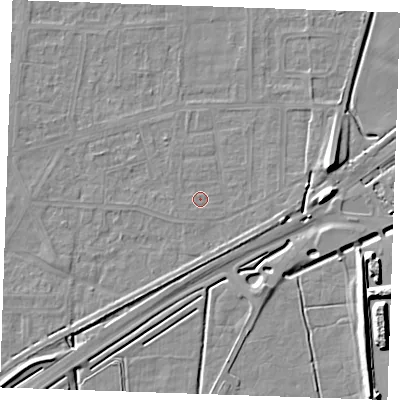 Shaded relief map of the ground around RM188DA, computed from Environment Agency LiDAR. The ground here sits at about 1 m above sea level and falls 10 m across the surrounding 800 m. Surface water reaching this point runs off ground lying to the south-west, 0.6 m higher.