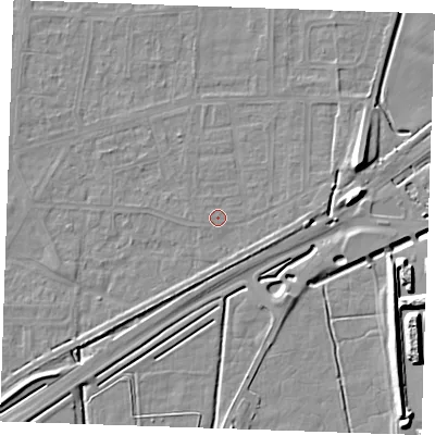 Shaded relief map of the ground around RM188DB, computed from Environment Agency LiDAR. The ground here sits at about 1 m above sea level and falls 10 m across the surrounding 800 m. Surface water reaching this point runs off ground lying to the west-south-west, 0.5 m higher.