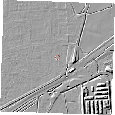 Shaded relief map of the ground around RM188DD, computed from Environment Agency LiDAR. The ground here sits at about 1 m above sea level and falls 12 m across the surrounding 800 m. Surface water reaching this point runs off ground lying to the east-south-east, 9.1 m higher.