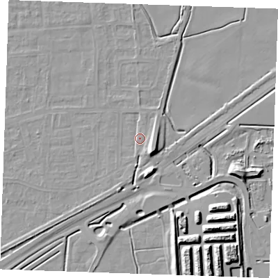 Shaded relief map of the ground around RM188DE, computed from Environment Agency LiDAR. The ground here sits at about 2 m above sea level and falls 13 m across the surrounding 800 m. Surface water reaching this point runs off ground lying to the east-south-east, 1.5 m higher.