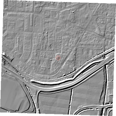 Shaded relief map of the ground around RM188DF, computed from Environment Agency LiDAR. The ground here sits at about 2 m above sea level and falls 7 m across the surrounding 800 m. Surface water reaching this point runs off ground lying to the north, 1.0 m higher.
