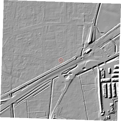 Shaded relief map of the ground around RM188DH, computed from Environment Agency LiDAR. The ground here sits at about 1 m above sea level and falls 13 m across the surrounding 800 m. Surface water reaching this point runs off ground lying to the east, 2.2 m higher.