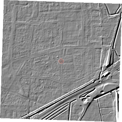 Shaded relief map of the ground around RM188DJ, computed from Environment Agency LiDAR. The ground here sits at about 1 m above sea level and falls 10 m across the surrounding 800 m. The ground contributing surface water to this point lies to the south-south-west.