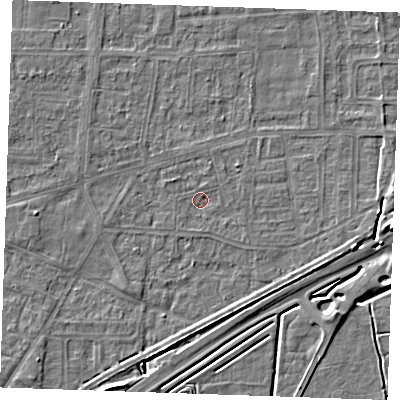 Shaded relief map of the ground around RM188DL, computed from Environment Agency LiDAR. The ground here sits at about 1 m above sea level and falls 7 m across the surrounding 800 m. Surface water reaching this point runs off ground lying to the east-south-east, 0.9 m higher.
