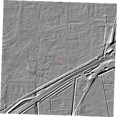 Shaded relief map of the ground around RM188DP, computed from Environment Agency LiDAR. The ground here sits at about 1 m above sea level and falls 10 m across the surrounding 800 m. Surface water reaching this point runs off ground lying to the east, 2.5 m higher.