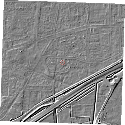 Shaded relief map of the ground around RM188DR, computed from Environment Agency LiDAR. The ground here sits at about 1 m above sea level and falls 5 m across the surrounding 800 m. Surface water reaching this point runs off ground lying to the east, 3.7 m higher.
