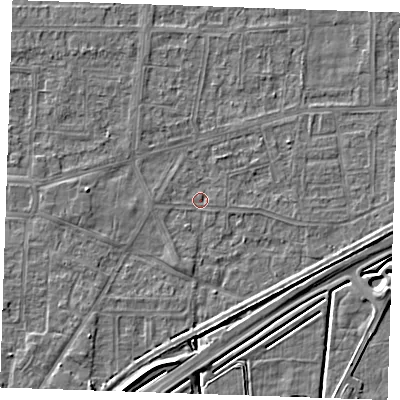 Shaded relief map of the ground around RM188DS, computed from Environment Agency LiDAR. The ground here sits at about 1 m above sea level and falls 5 m across the surrounding 800 m. Surface water reaching this point runs off ground lying to the east-south-east, 3.4 m higher.