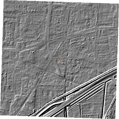 Shaded relief map of the ground around RM188DT, computed from Environment Agency LiDAR. The ground here sits at about 0 m above sea level and falls 5 m across the surrounding 800 m. Surface water reaching this point runs off ground lying to the east, 3.2 m higher.