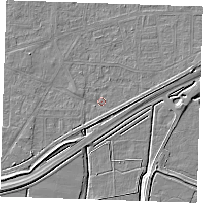 Shaded relief map of the ground around RM188DU, computed from Environment Agency LiDAR. The ground here sits at about 1 m above sea level and falls 6 m across the surrounding 800 m. Surface water reaching this point runs off ground lying to the east-north-east, 3.7 m higher.
