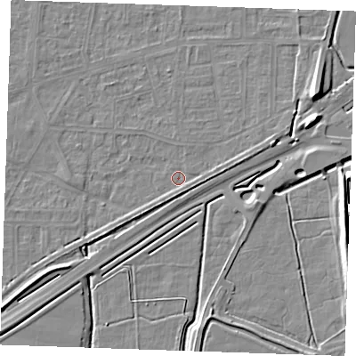 Shaded relief map of the ground around RM188DW, computed from Environment Agency LiDAR. The ground here sits at about 1 m above sea level and falls 10 m across the surrounding 800 m. Surface water reaching this point runs off ground lying to the east-north-east, 2.4 m higher.