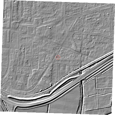 Shaded relief map of the ground around RM188DX, computed from Environment Agency LiDAR. The ground here sits at about 1 m above sea level and falls 7 m across the surrounding 800 m. Surface water reaching this point runs off ground lying to the south-south-west, 3.1 m higher.