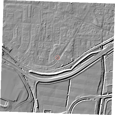Shaded relief map of the ground around RM188DY, computed from Environment Agency LiDAR. The ground here sits at about 2 m above sea level and falls 7 m across the surrounding 800 m. Surface water reaching this point runs off ground lying to the north-east, 1.1 m higher.