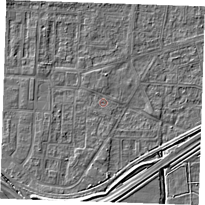 Shaded relief map of the ground around RM188EA, computed from Environment Agency LiDAR. The ground here sits at about 1 m above sea level and falls 6 m across the surrounding 800 m. Surface water reaching this point runs off ground lying to the south, 1.4 m higher.