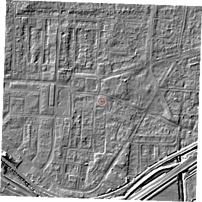 Shaded relief map of the ground around RM188EB, computed from Environment Agency LiDAR. The ground here sits at about 1 m above sea level and falls 6 m across the surrounding 800 m. Surface water reaching this point runs off ground lying to the south, 2.3 m higher.