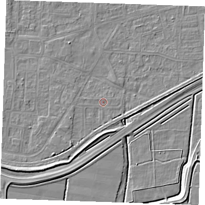 Shaded relief map of the ground around RM188ED, computed from Environment Agency LiDAR. The ground here sits at about 1 m above sea level and falls 7 m across the surrounding 800 m. Surface water reaching this point runs off ground lying to the west-south-west, 2.2 m higher.