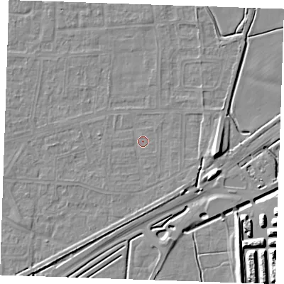 Shaded relief map of the ground around RM188EE, computed from Environment Agency LiDAR. The ground here sits at about 1 m above sea level and falls 12 m across the surrounding 800 m. Surface water reaching this point runs off ground lying to the south-east, 0.9 m higher.