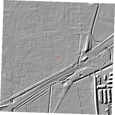 Shaded relief map of the ground around RM188EF, computed from Environment Agency LiDAR. The ground here sits at about 1 m above sea level and falls 12 m across the surrounding 800 m. Surface water reaching this point runs off ground lying to the east, 0.8 m higher.