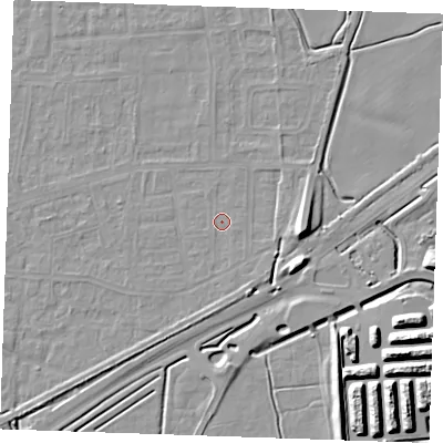 Shaded relief map of the ground around RM188EG, computed from Environment Agency LiDAR. The ground here sits at about 1 m above sea level and falls 12 m across the surrounding 800 m. Surface water reaching this point runs off ground lying to the south-south-east, 0.8 m higher.