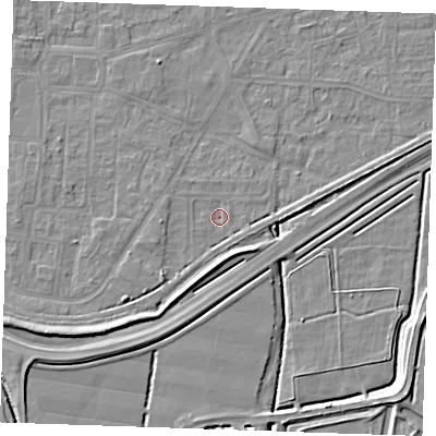 Shaded relief map of the ground around RM188EH, computed from Environment Agency LiDAR. The ground here sits at about 0 m above sea level and falls 7 m across the surrounding 800 m. Surface water reaching this point runs off ground lying to the south-south-west, 1.3 m higher.