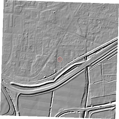 Shaded relief map of the ground around RM188EJ, computed from Environment Agency LiDAR. The ground here sits at about 1 m above sea level and falls 7 m across the surrounding 800 m. Surface water reaching this point runs off ground lying to the north-west, 2.1 m higher.