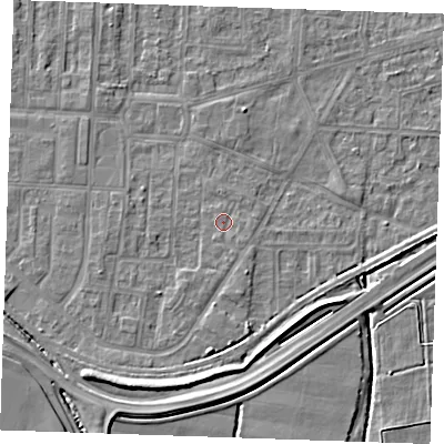 Shaded relief map of the ground around RM188EL, computed from Environment Agency LiDAR. The ground here sits at about 1 m above sea level and falls 7 m across the surrounding 800 m. Surface water reaching this point runs off ground lying to the south-east, 0.9 m higher.