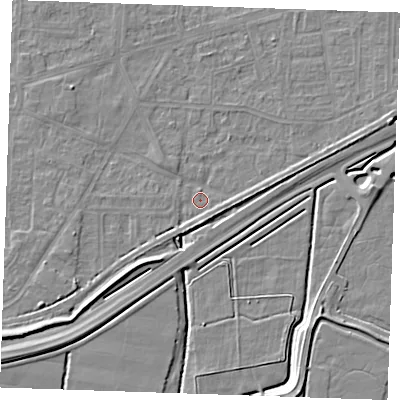 Shaded relief map of the ground around RM188EN, computed from Environment Agency LiDAR. The ground here sits at about 1 m above sea level and falls 6 m across the surrounding 800 m. Surface water reaching this point runs off ground lying to the east-north-east, 3.7 m higher.