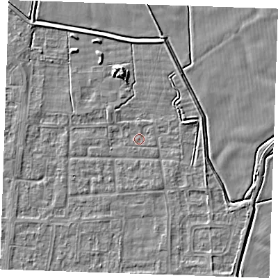 Shaded relief map of the ground around RM188EP, computed from Environment Agency LiDAR. The ground here sits at about 0 m above sea level and falls 5 m across the surrounding 800 m. Surface water reaching this point runs off ground lying to the north, 0.7 m higher.