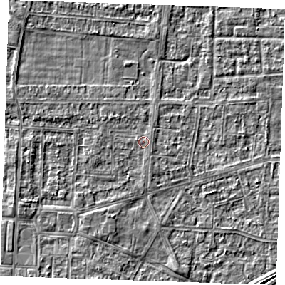 Shaded relief map of the ground around RM188ER, computed from Environment Agency LiDAR. The ground here sits at about 1 m above sea level and falls 3 m across the surrounding 800 m. Surface water reaching this point runs off ground lying to the east-north-east, 0.5 m higher.
