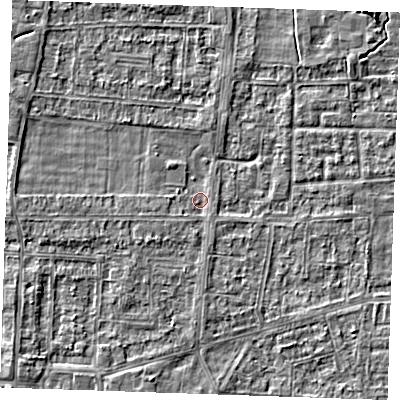 Shaded relief map of the ground around RM188ES, computed from Environment Agency LiDAR. The ground here sits at about 0 m above sea level and falls 3 m across the surrounding 800 m. Surface water reaching this point runs off ground lying to the south, 1.3 m higher.