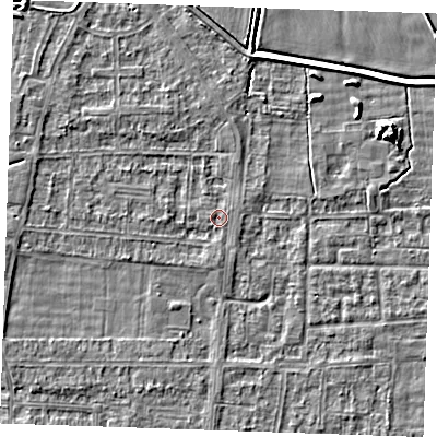 Shaded relief map of the ground around RM188ET, computed from Environment Agency LiDAR. The ground here sits at about 0 m above sea level and falls 5 m across the surrounding 800 m. Surface water reaching this point runs off ground lying to the south-west, 0.9 m higher.