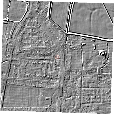 Shaded relief map of the ground around RM188EU, computed from Environment Agency LiDAR. The ground here sits at about 0 m above sea level and falls 5 m across the surrounding 800 m. Surface water reaching this point runs off ground lying to the north-north-west, 1.8 m higher.