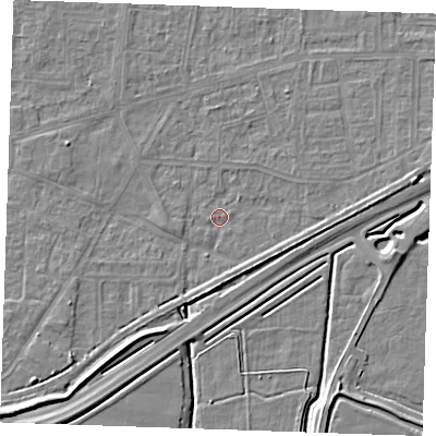 Shaded relief map of the ground around RM188EW, computed from Environment Agency LiDAR. The ground here sits at about 1 m above sea level and falls 6 m across the surrounding 800 m. Surface water reaching this point runs off ground lying to the east, 3.7 m higher.