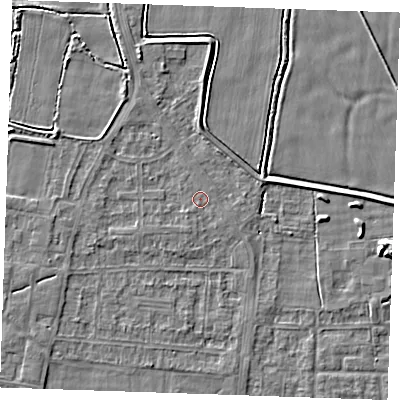 Shaded relief map of the ground around RM188EX, computed from Environment Agency LiDAR. The ground here sits at about 1 m above sea level and falls 5 m across the surrounding 800 m. Surface water reaching this point runs off ground lying to the north-north-west, 2.0 m higher.