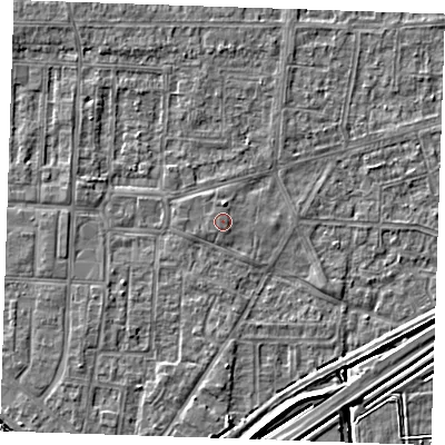 Shaded relief map of the ground around RM188EY, computed from Environment Agency LiDAR. The ground here sits at about 1 m above sea level and falls 5 m across the surrounding 800 m. The ground contributing surface water to this point lies to the south-south-west.
