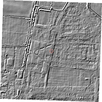 Shaded relief map of the ground around RM188FN, computed from Environment Agency LiDAR. The ground here sits at about 1 m above sea level and falls 3 m across the surrounding 800 m. The ground contributing surface water to this point lies to the west.