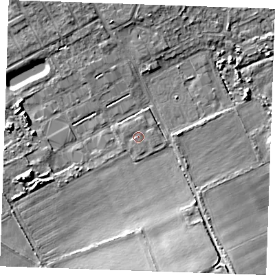 Shaded relief map of the ground around RM188FR, computed from Environment Agency LiDAR. The ground here sits at about 4 m above sea level and falls 9 m across the surrounding 800 m. The ground contributing surface water to this point lies to the west-south-west.