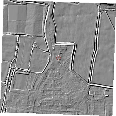 Shaded relief map of the ground around RM188HA, computed from Environment Agency LiDAR. The ground here sits at about 1 m above sea level and falls 5 m across the surrounding 800 m. Surface water reaching this point runs off ground lying to the north-north-west, 1.8 m higher.