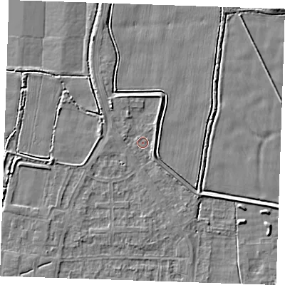 Shaded relief map of the ground around RM188HB, computed from Environment Agency LiDAR. The ground here sits at about 1 m above sea level and falls 3 m across the surrounding 800 m. Surface water reaching this point runs off ground lying to the south-east, 1.4 m higher.