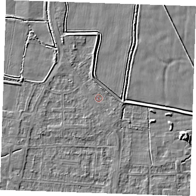 Shaded relief map of the ground around RM188HD, computed from Environment Agency LiDAR. The ground here sits at about 1 m above sea level and falls 5 m across the surrounding 800 m. Surface water reaching this point runs off ground lying to the east, 1.2 m higher.
