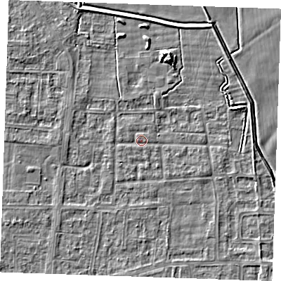 Shaded relief map of the ground around RM188HE, computed from Environment Agency LiDAR. The ground here sits at about 1 m above sea level and falls 5 m across the surrounding 800 m. Surface water reaching this point runs off ground lying to the north-north-east, 4.5 m higher.